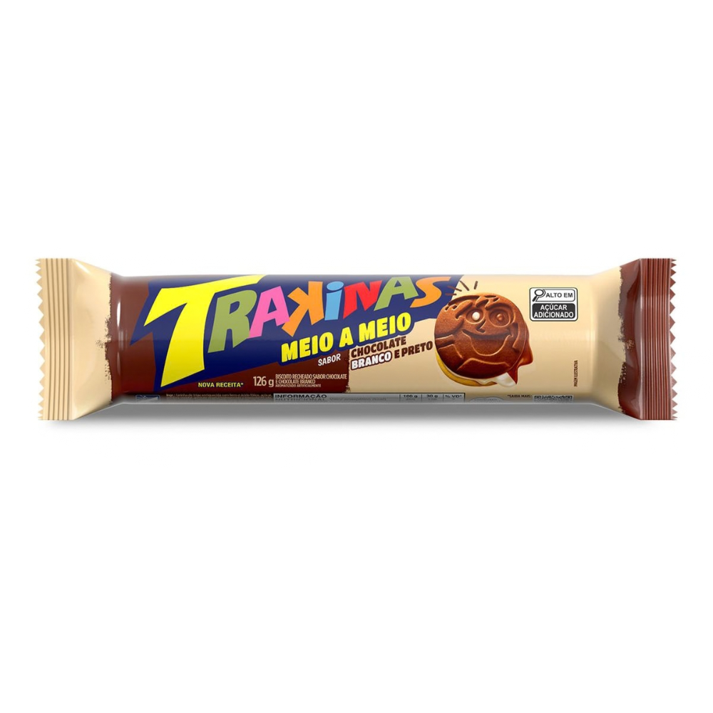 Trakinas Meio a Meio Chocolate ao Leite e Chocolate Branco / Milk & White Chocolate Flavour Sandwich Cookies - Mondeléz (126g)