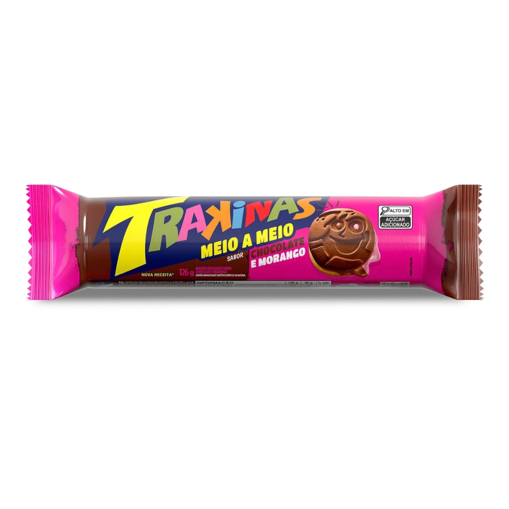 Trakinas Meio a Meio – Chocolate e Morango / Chocolate & Strawberry Cream Sandwich Cookies - Mondeléz (126g)