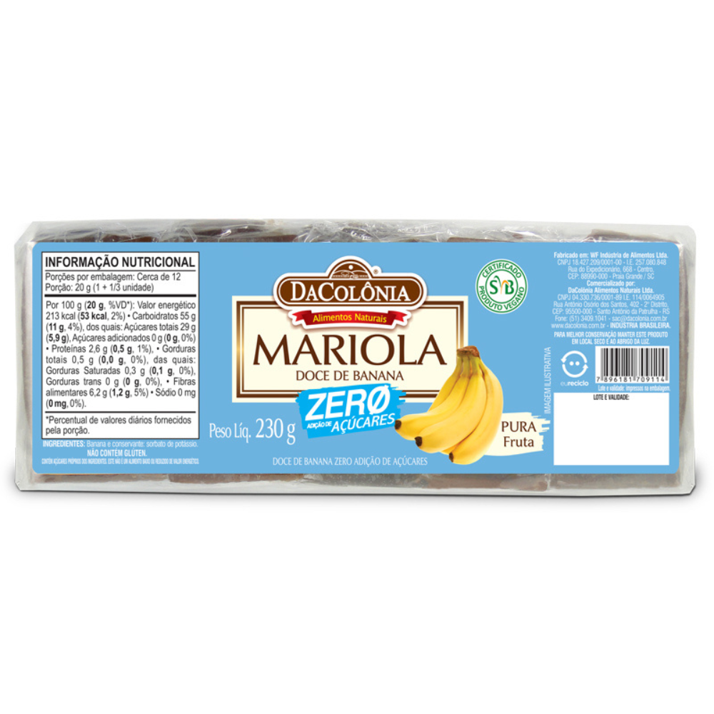 Mariola de Banana Zero Açúcar / Sugar-Free Banana Mariola - Da Colônia (230g)
