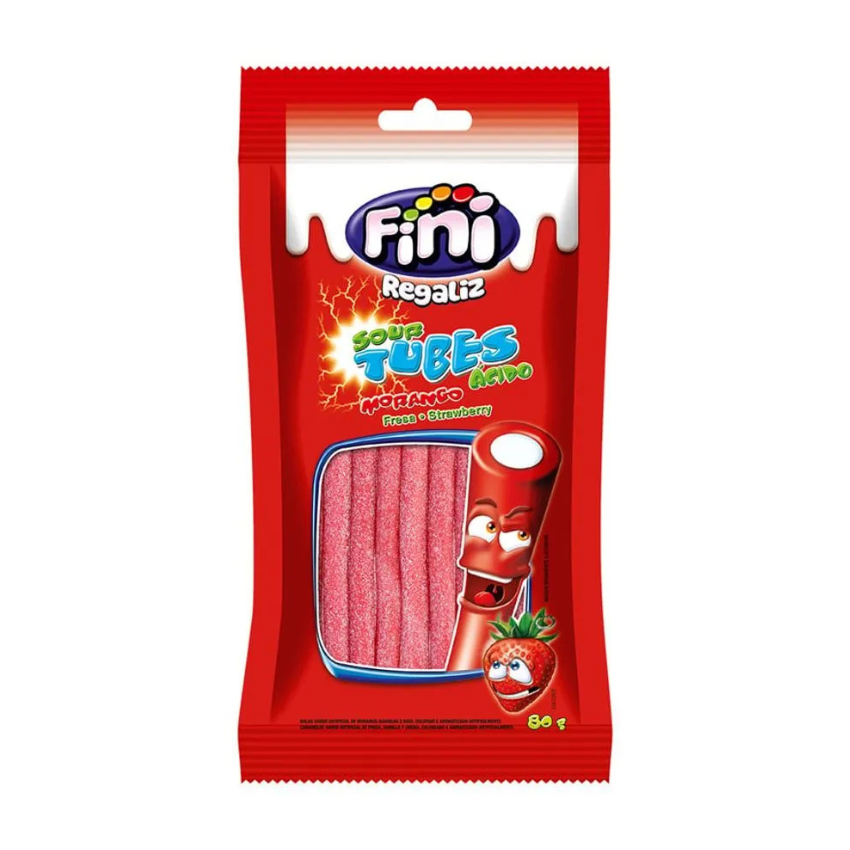 Balas Regaliz Sour Tubes Ácido Sabor Morango / Sour Strawberry Pencils - Fini (80g)